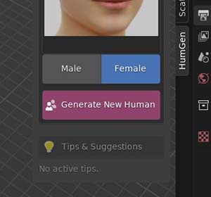 The "Generate New Human" button is in the Blender sidebar menu. 