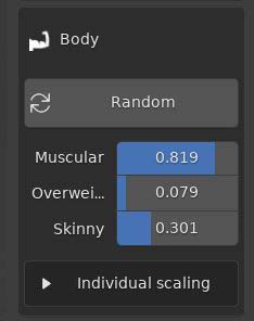 The body settings for a new human character allow for control of muscle, overweight and skinny settings as well as a button to randomize them. 