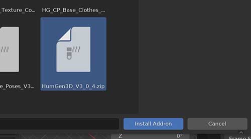 The Human Generator addon is installed as a .ZIP file in Blender. 