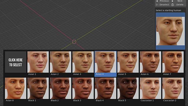 15 male faces are available for selection in the Human Generator addon. 