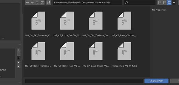 Navigate to the folder where the Human Generator assets are stored in order to install them in Blender. 
