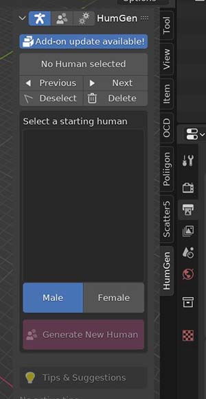 The Human Generator add-on controls are shown in the Blender sidebar menu. 
