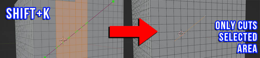 The Shift + K knife tool cuts through only the selected area of the mesh in Blender. 