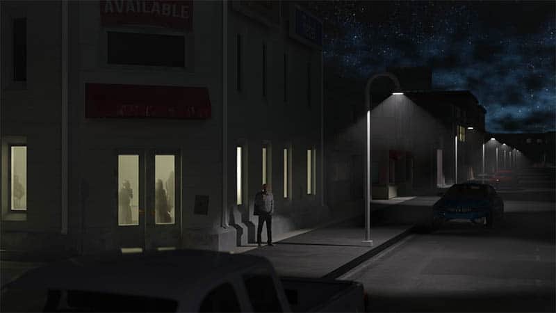 A 3D render from Blender shows a dark street lit by street lamps and buildings with interior lights. 