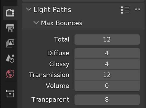 The Max Bounce settings (part of the light path settings) are displayed in the Render Properties Tab. 