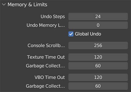 Blender preferences for memory usage and limits are displayed. 