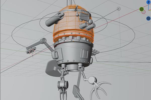 A sci fi robot scene is set up for 3D modeling in Blender.