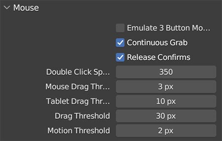 The mouse preferences in Blender show several settings which can be adjusted for navigation with a mouse. 