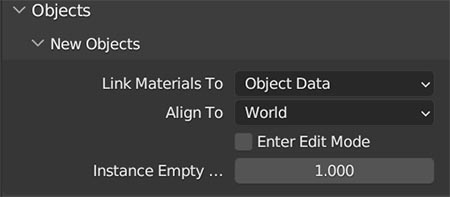 The new objects preferences in the editing tab of the user preferences window.