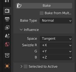 Blender's baking settings in the render properties tab set up for normal baking.