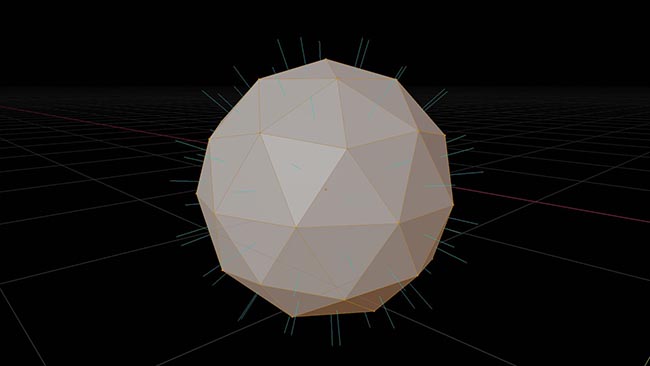 The normals of an icosphere are shown emitting from each face. 
