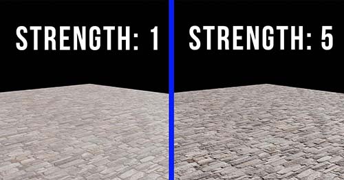 A brick material with a normal strength of one is compared to the same material with a normal strength of five. 