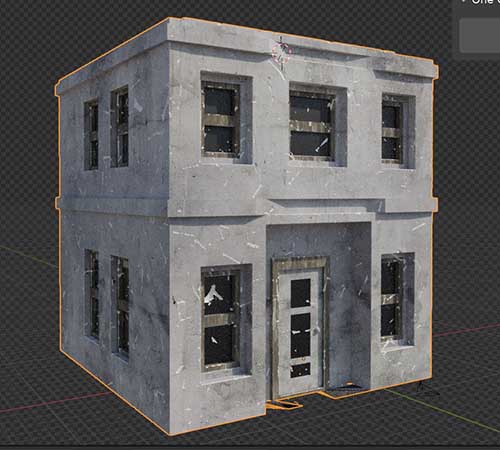 A 3D model of a building has procedural damage applied to it using the One Click Damage (OCD) add-on in Blender. 