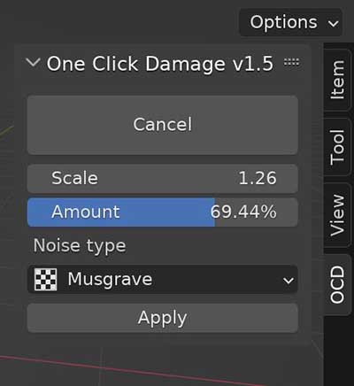 When damage is created with the One Click Damage add-on, the controls for procedural damage are in the Blender sidebar. 