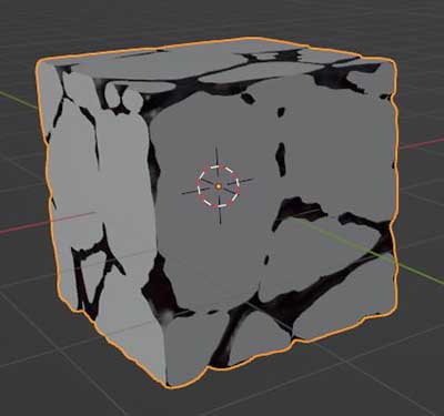 A default cube with procedural damage from the one click damage add-on is viewed in the 3D viewport. 