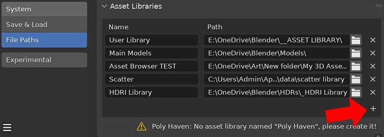 In the file paths section of the Blender user preferences, a plus icon is highlighted showing how to add an asset browser library. 