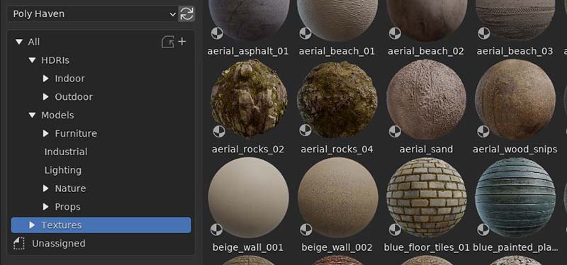 The Poly Haven asset browser has created catalogs and sub-catalogs for models, materials and HDRIs.