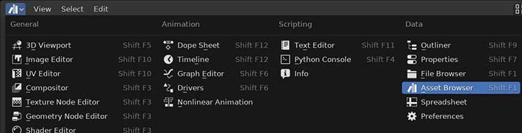 In the Blender editor list, the Asset Browser is highlighted. 