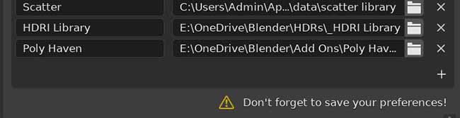 The Poly Haven Asset Browser library has successfully been added as a library in the file path section of the Blender user preferences. 