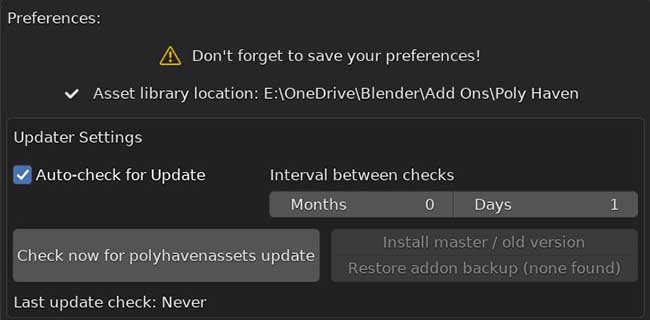 The Poly Haven Asset Browser Add-On for Blender user preferences can be updated and saved in the add-on preferences tab. 