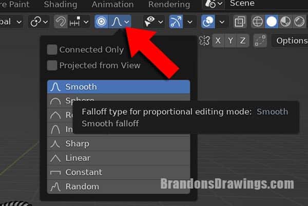 The proportional editing falloff menu is open in the 3D viewport.