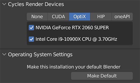 The Cycles render device preferences is where we set our hardware CPU and GPU for use in Cycles rendering. 