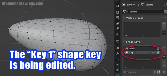 The "Key 1" shape key is selected and is being edited in the Blender 3D viewport. 