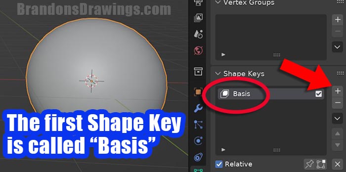 The plus icon used to add a shape key in Blender is highlighted and a new shape key called "Basis" has been added in the shape key panel. 