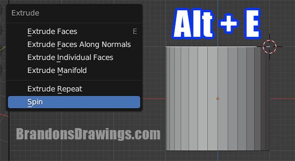 The extrude menu is opened in Blender using the shortcut "Alt + E" and the spin tool is selected at the bottom of the menu. 