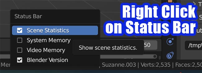 Right clicking on the status bar opens a status bar menu where we can activate scene statistics. 