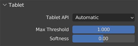 Tablet settings can be controlled in the user preferences tablet tab. 