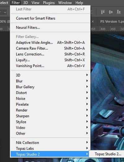A drop down box of filters in Photoshop shows Topaz Studio 2 as an option. 
