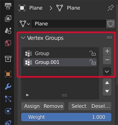 Two vertex groups are displayed in the vertex groups panel of under object data properties. 