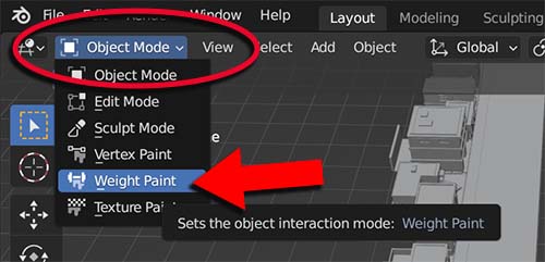 In the mode selection box, weight paint mode is highlighted in Blender. 