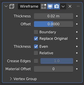 Blender's wireframe modifier settings displayed in the modifier properties panel. 