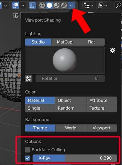 The transparency setting for X-Ray view mode are highlighted in the viewport shading options found in the Blender 3D viewport. 