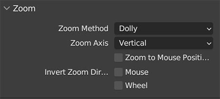 Blender zoom settings found in the preferences panel of Blender 3D. 