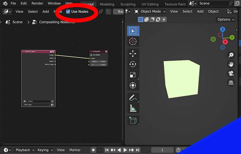 A compositor and 3D viewport open in Blender with "Use Nodes" highlighted.