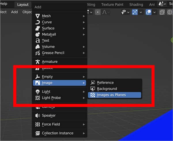 The option to add an image as plane in the add object context menu of Blender. 