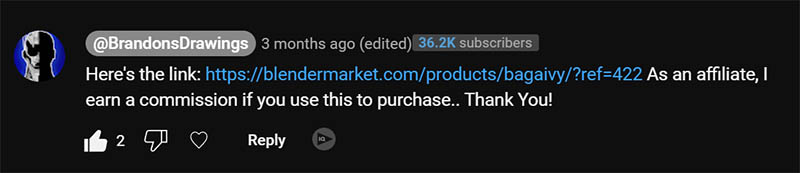 An example of a Blender Market affiliate link being shared on YouTube. 