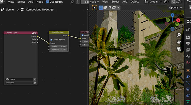 A scene in the viewport with contrast added in the compositor.