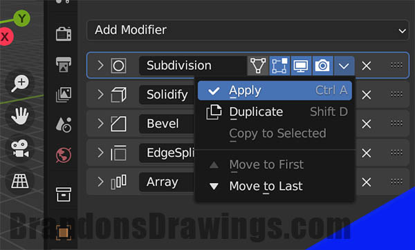 In the Modifiers Properties Panel of Blender, the "Apply Modifier" option is highlighted. 