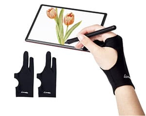A digital artist uses a drawing glove on a tablet. 