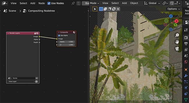 A Blender scene with a 3D viewport and compositor editor open.