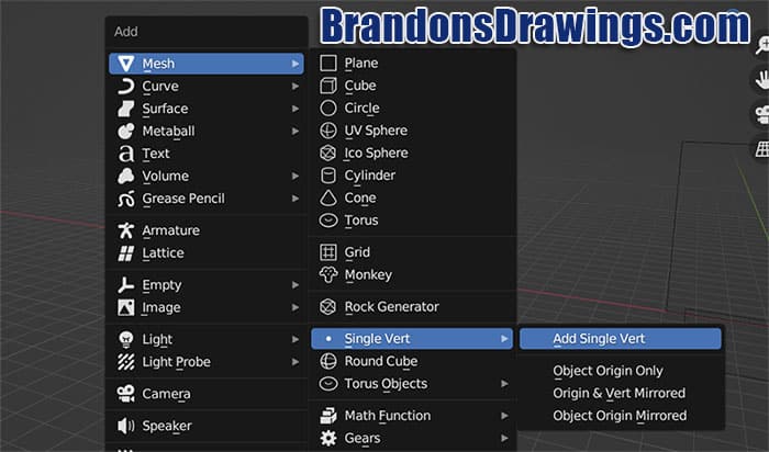 The option to add a single vertex object is highlighted in the add mesh menu of Blender. 
