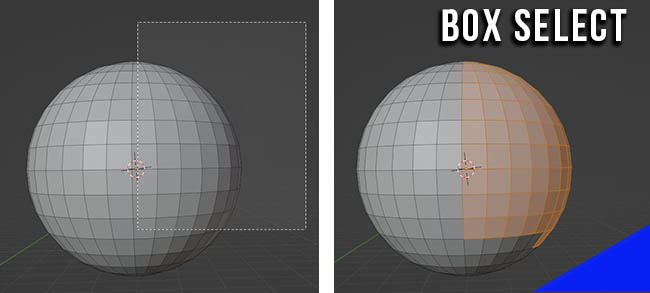 A box is dragged across a UV sphere to select faces using Blender's box select feature. 
