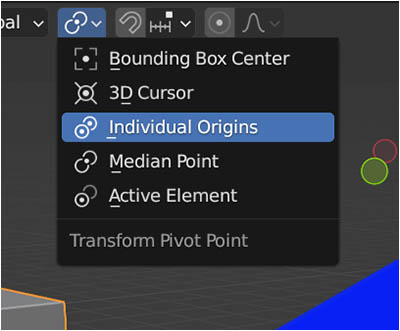 The Transform Pivot Point menu expanded in the Blender 3D viewport. 