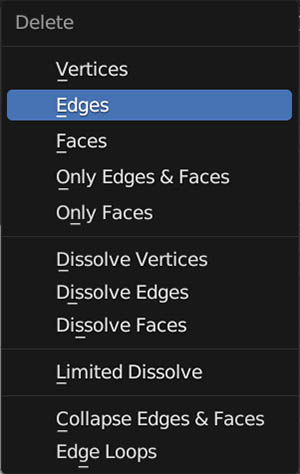 The delete menu in Blender shows 11 options for deleting and dissolving mesh.