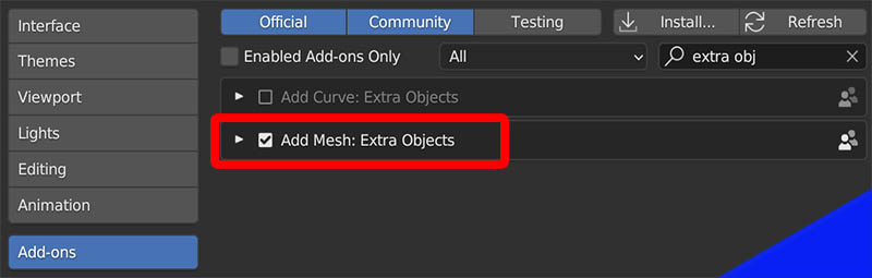 The Add Mesh: Extra Objects add-on is selected and activated in the Blender user preferences.