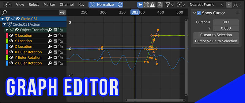 Blender's graph editor shows animation channels with vaules of animations displayed in overlapping graphs. 
